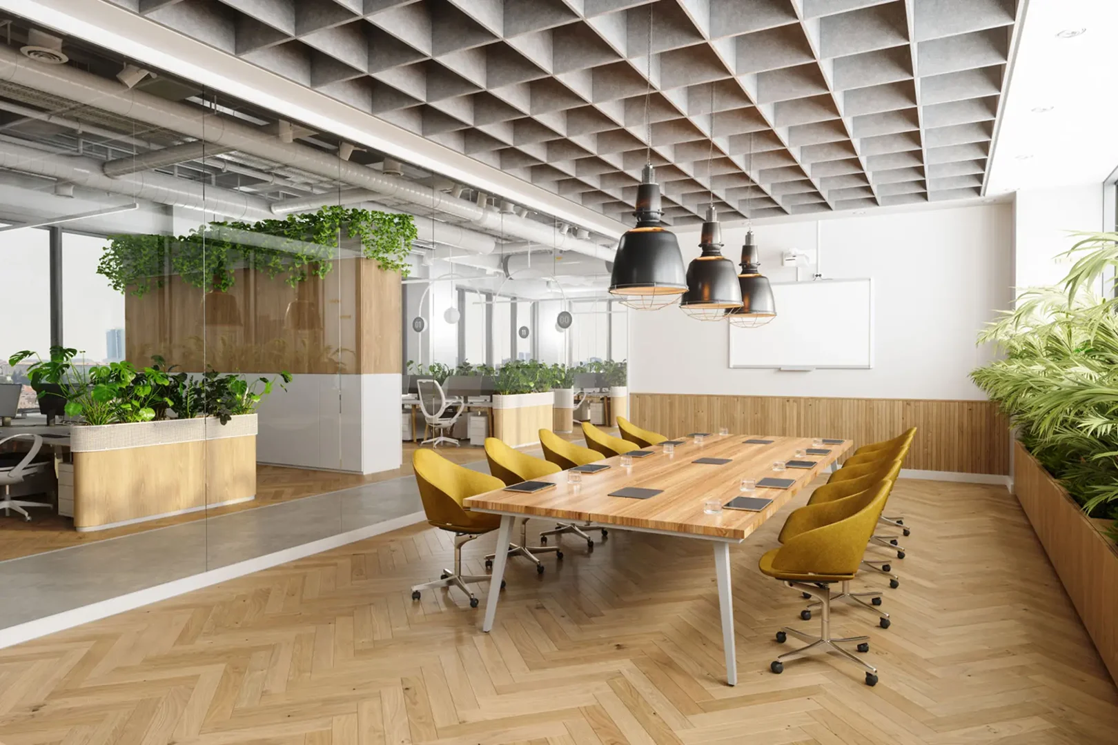 Modern office conference room with yellow chairs and wooden table.